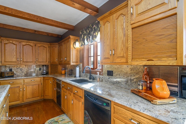 kitchen with beam ceiling, backsplash, sink, and black dishwasher