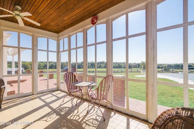 sunroom / solarium featuring ceiling fan, plenty of natural light, and wood ceiling