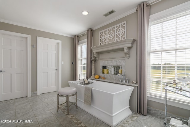 kitchen with a premium fireplace and crown molding