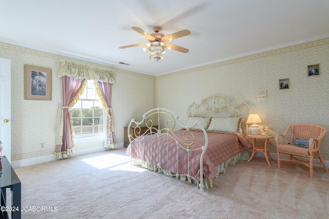 bedroom featuring access to exterior, ceiling fan, light colored carpet, and ornamental molding