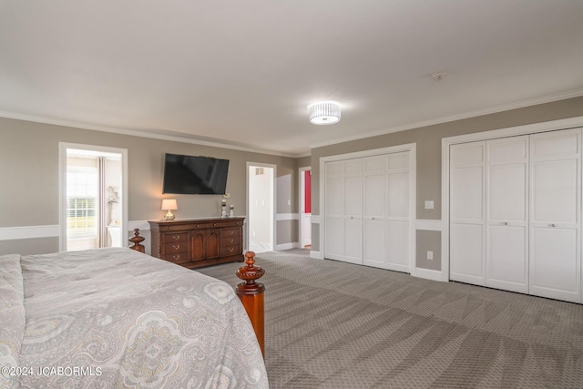 carpeted bedroom featuring crown molding and multiple closets