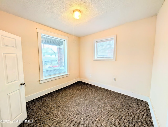 unfurnished room featuring carpet, a healthy amount of sunlight, and a textured ceiling