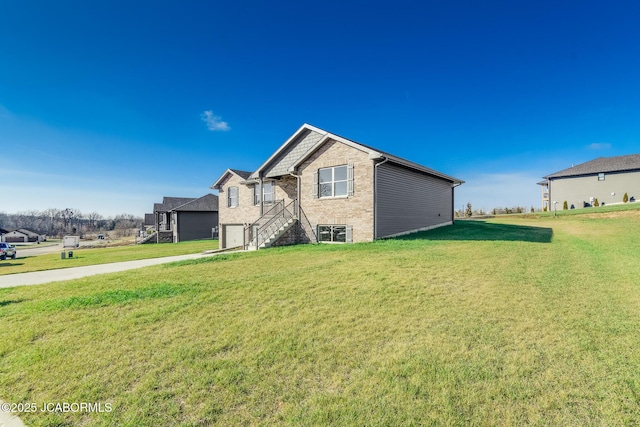 view of property exterior with a lawn and a garage