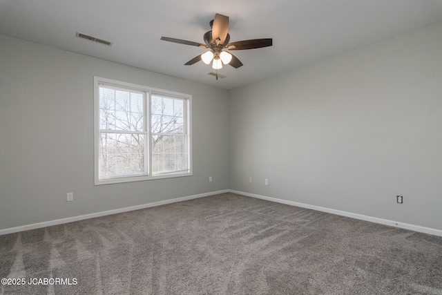 unfurnished room featuring visible vents, a ceiling fan, baseboards, and carpet floors