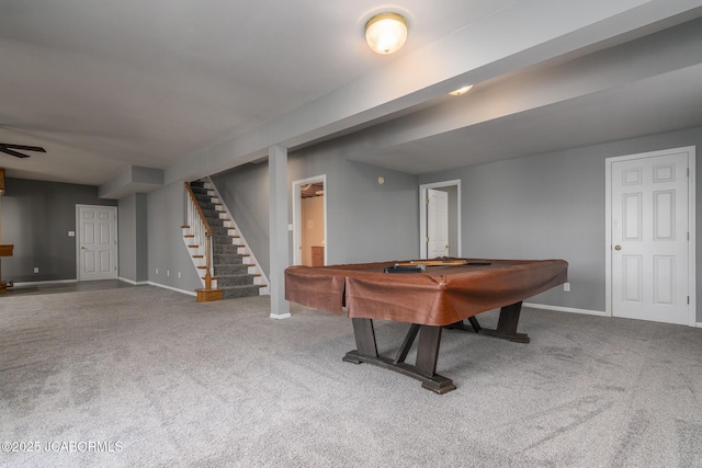 game room featuring pool table, carpet flooring, and baseboards