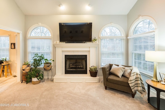 carpeted living room with a wealth of natural light and vaulted ceiling