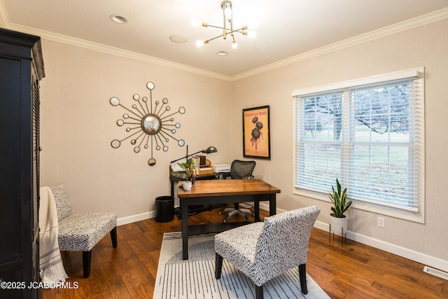 office featuring ornamental molding, plenty of natural light, and dark hardwood / wood-style flooring