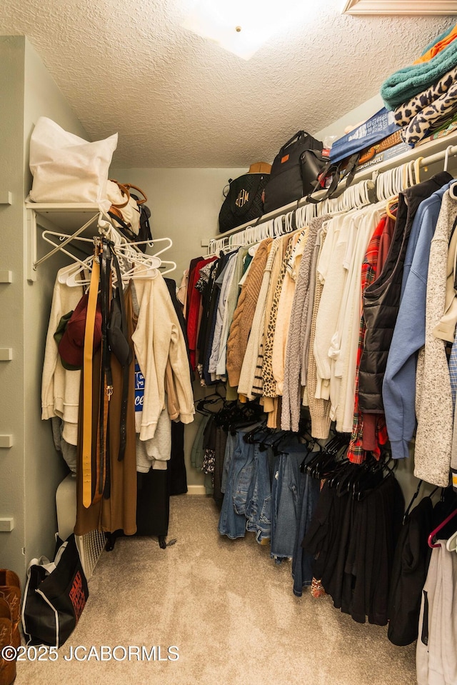 spacious closet featuring light colored carpet