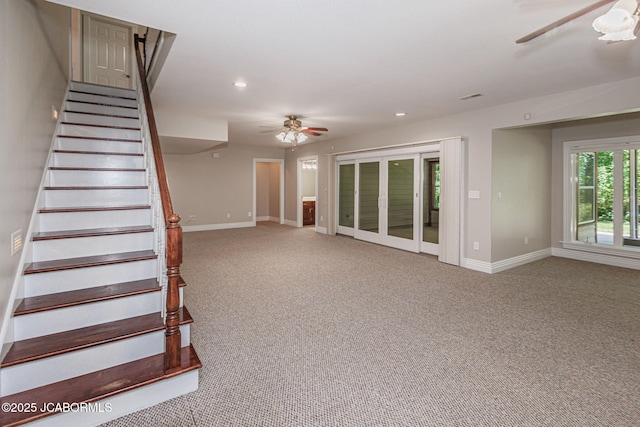 4205 Grant Ln, Columbia, MO 65203 - stairway featuring a ceiling fan, carpet floors, and recessed lighting