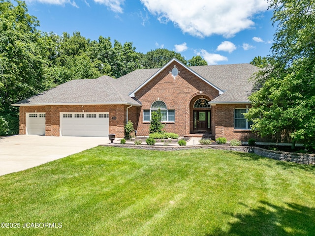 4205 Grant Ln, Columbia, MO 65203 - single story home with brick siding, a garage, concrete driveway, a front lawn, and a shingled roof