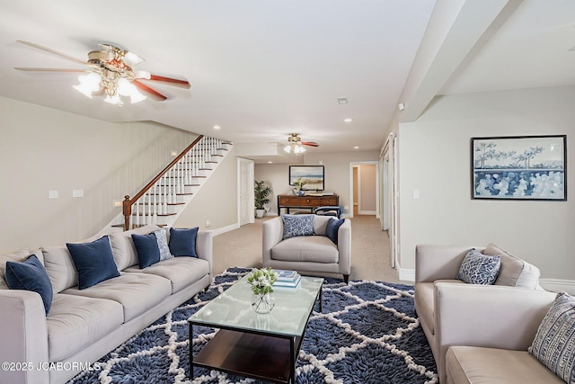 4205 Grant Ln, Columbia, MO 65203 - carpeted living room with a ceiling fan, stairway, and recessed lighting