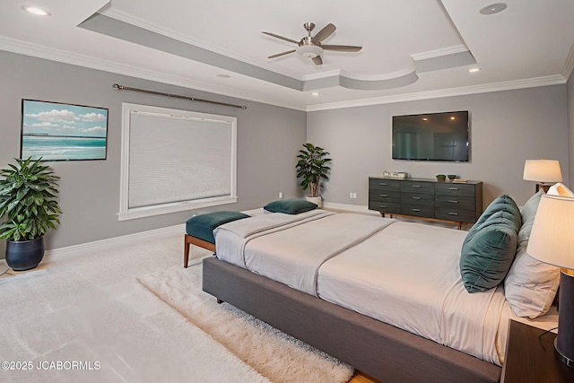 4205 Grant Ln, Columbia, MO 65203 - carpeted bedroom featuring a tray ceiling, crown molding, recessed lighting, and a ceiling fan