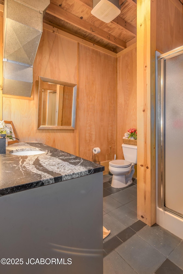 full bath featuring toilet, vanity, a shower stall, and wooden ceiling