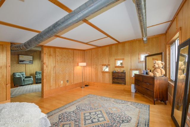 interior space featuring wooden walls and wood finished floors