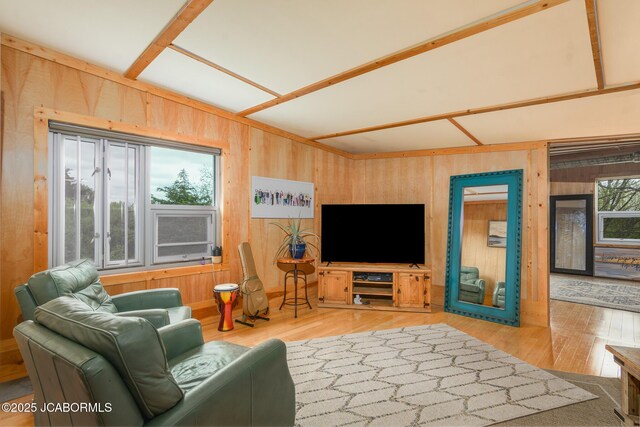 living room featuring wood finished floors and wooden walls