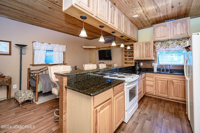 kitchen featuring kitchen peninsula, light brown cabinets, and hanging light fixtures