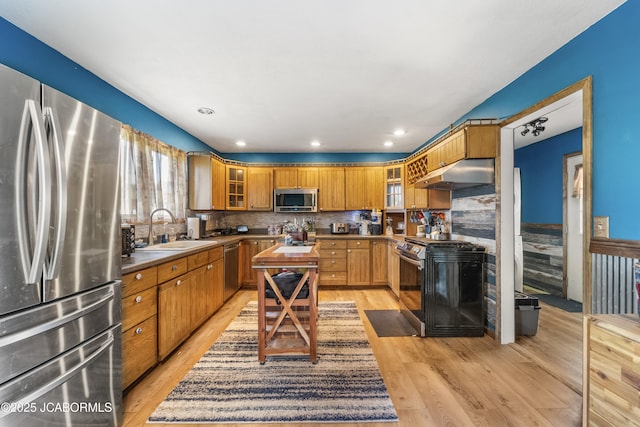6733 Rocking Horse Ln, Fulton, MO 65251 - kitchen featuring stainless steel appliances, a sink, under cabinet range hood, light wood-style floors, and glass insert cabinets