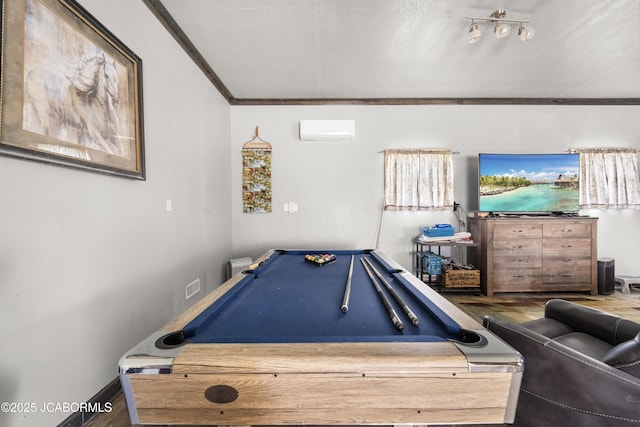 6733 Rocking Horse Ln, Fulton, MO 65251 - rec room featuring a wall unit AC, wood finished floors, crown molding, billiards, and baseboards