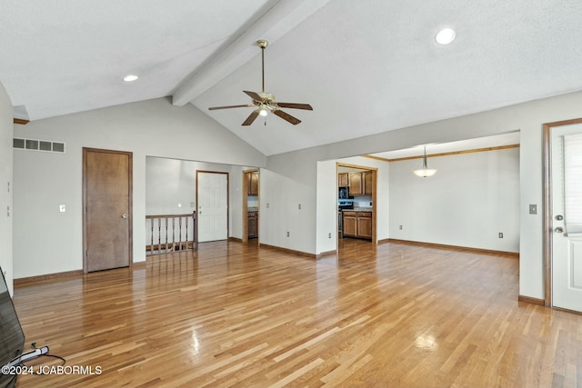 unfurnished living room with a textured ceiling, lofted ceiling with beams, light hardwood / wood-style floors, and ceiling fan