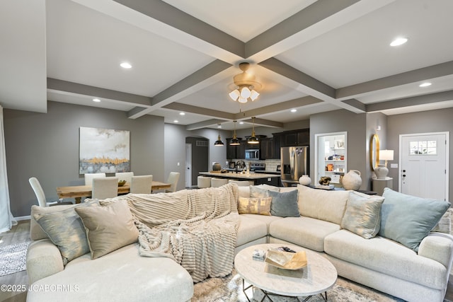 1330 Summerfield Dr, Jefferson City, MO 65109 - living area with beam ceiling, coffered ceiling, and recessed lighting