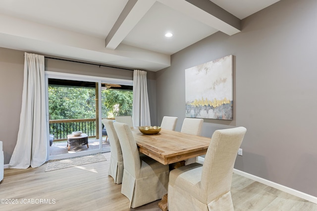 1330 Summerfield Dr, Jefferson City, MO 65109 - dining room featuring beamed ceiling, light wood-style floors, and recessed lighting