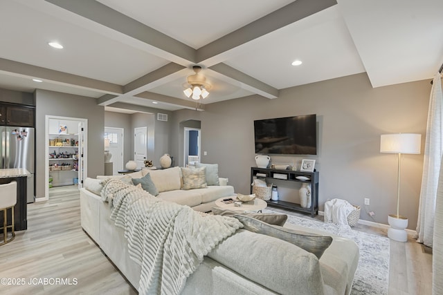 1330 Summerfield Dr, Jefferson City, MO 65109 - living room featuring beam ceiling, light wood finished floors, recessed lighting, coffered ceiling, and a ceiling fan