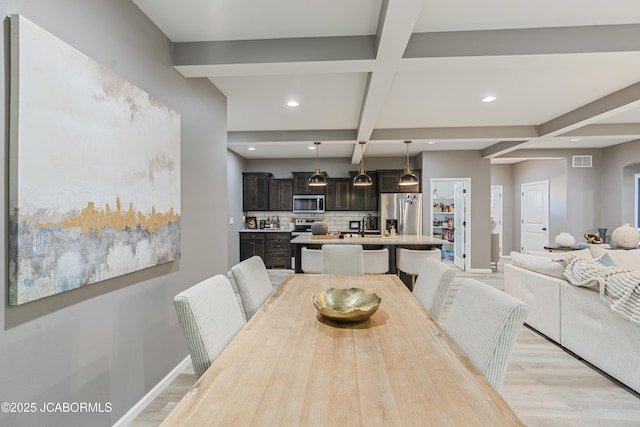 1330 Summerfield Dr, Jefferson City, MO 65109 - dining area with coffered ceiling, beam ceiling, light wood-type flooring, and recessed lighting