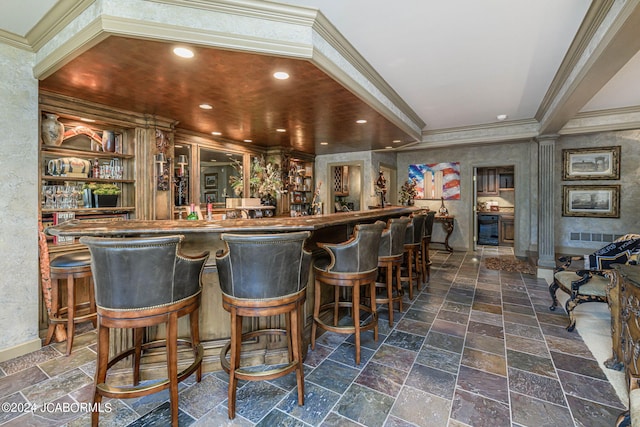 bar with wine cooler and ornamental molding