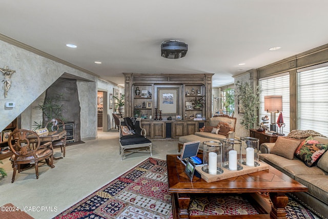 carpeted living room with crown molding