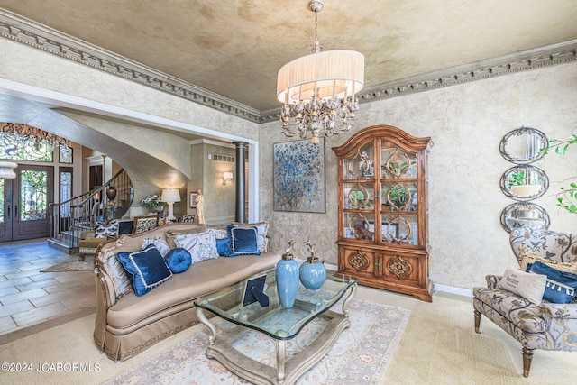 carpeted living room featuring ornamental molding and a notable chandelier