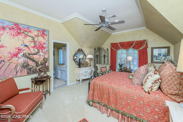 carpeted bedroom featuring lofted ceiling, ensuite bathroom, ceiling fan, and ornamental molding