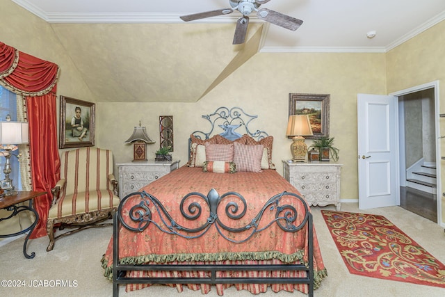 bedroom with ceiling fan, crown molding, and light colored carpet