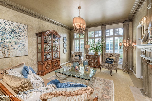 living room featuring light colored carpet, ornamental molding, a fireplace, and a chandelier