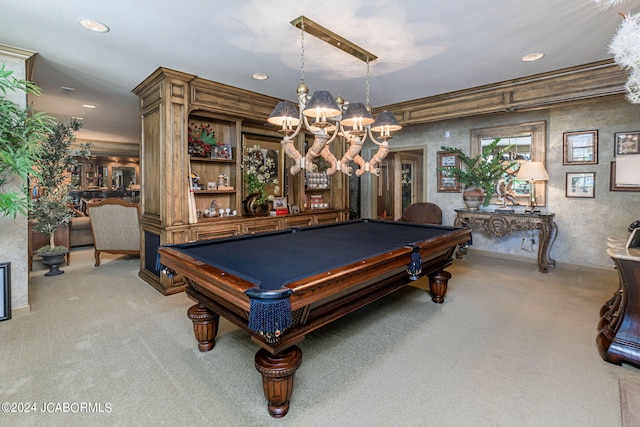 playroom with light carpet, a chandelier, and billiards