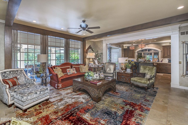 living room featuring ceiling fan