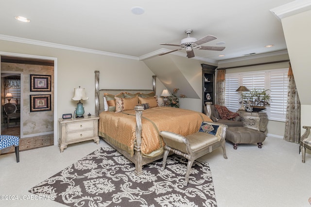 bedroom featuring carpet flooring, ceiling fan, and ornamental molding