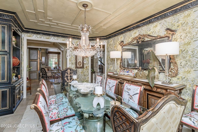 dining space featuring crown molding, tile patterned flooring, and a notable chandelier