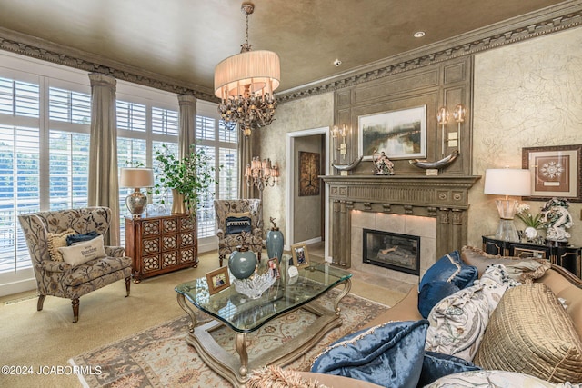 living room with a healthy amount of sunlight, crown molding, a fireplace, and light carpet