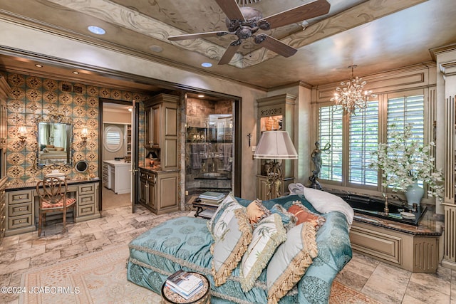 sitting room with ceiling fan with notable chandelier, built in desk, and ornamental molding