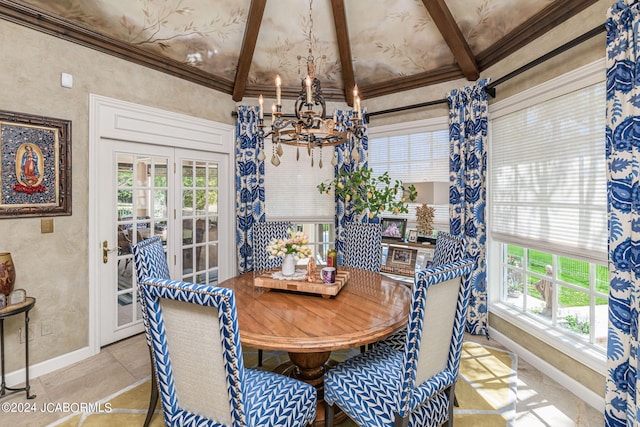 dining space with beamed ceiling, french doors, a notable chandelier, and light tile patterned flooring