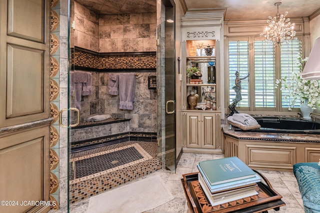 bathroom featuring an inviting chandelier, walk in shower, and ornamental molding