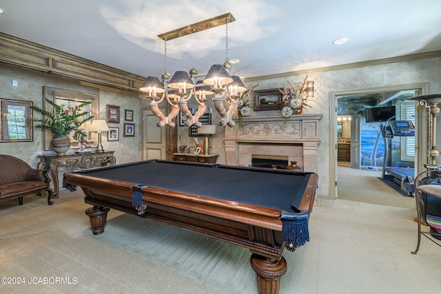 playroom featuring crown molding, light colored carpet, and billiards