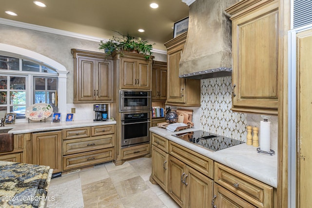 kitchen featuring decorative backsplash, ornamental molding, custom exhaust hood, black electric cooktop, and double oven