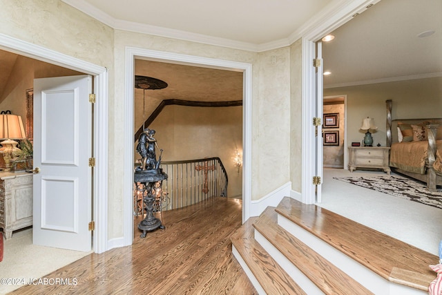 hall featuring wood-type flooring and ornamental molding