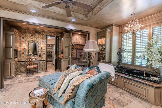 interior space with crown molding and an inviting chandelier