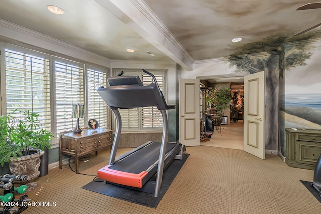 exercise room with carpet and crown molding