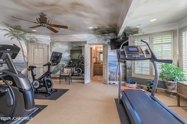 exercise area featuring light colored carpet, ceiling fan, and ornamental molding