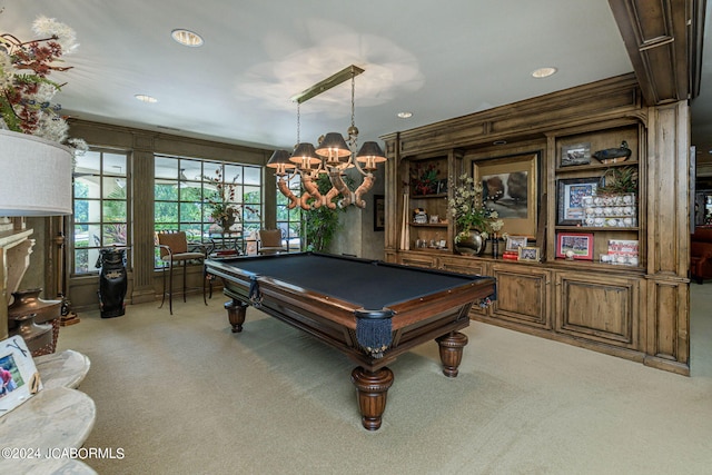 playroom featuring light colored carpet and billiards