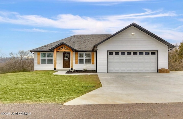 single story home with a front lawn and a garage