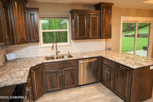 kitchen featuring a sink, decorative backsplash, stainless steel dishwasher, and a peninsula